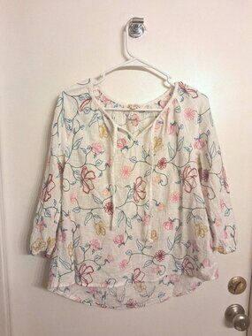 Fred David Shirt Blouse Size S Boho Gauze Peasant Embroidery White Multicolor